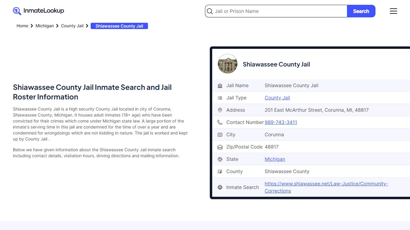 Shiawassee County Jail Inmate Search and Jail Roster Information